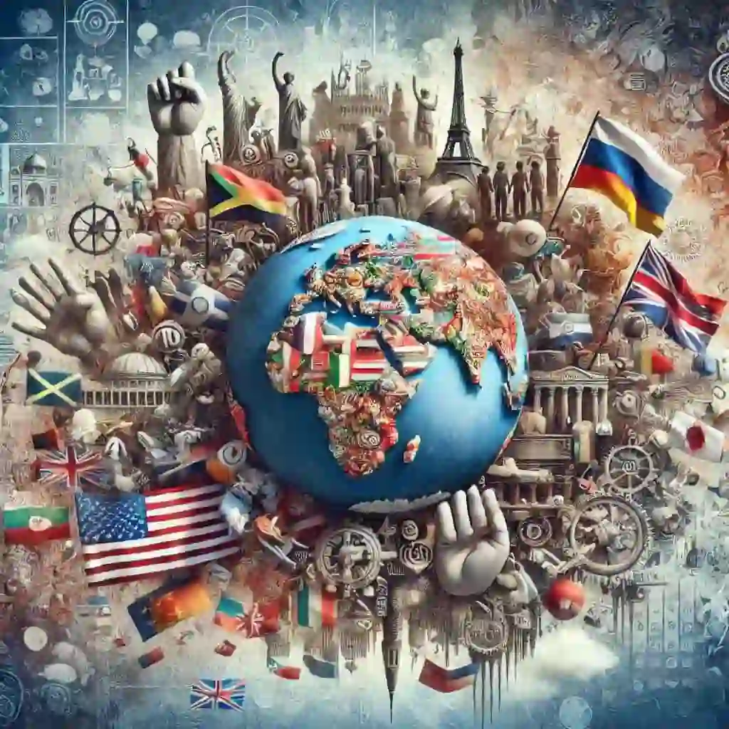 world map surrounded by flags of multiple countries.