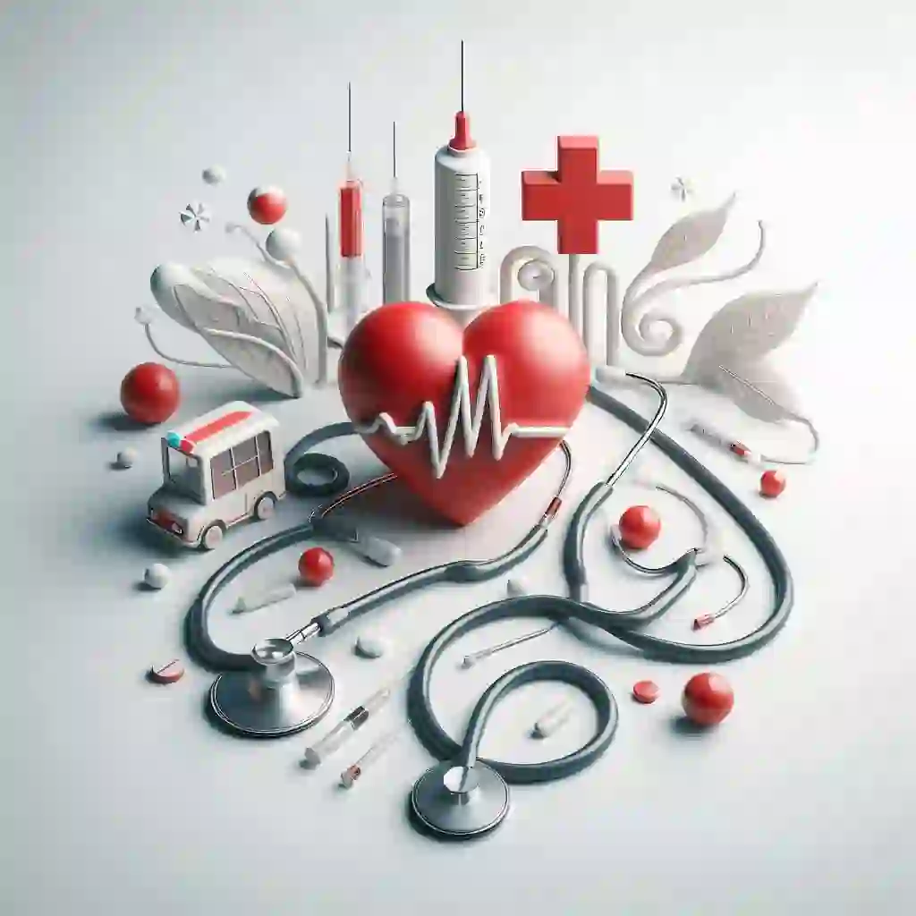 A heart with heart beat chart and in background injection and some other tools.