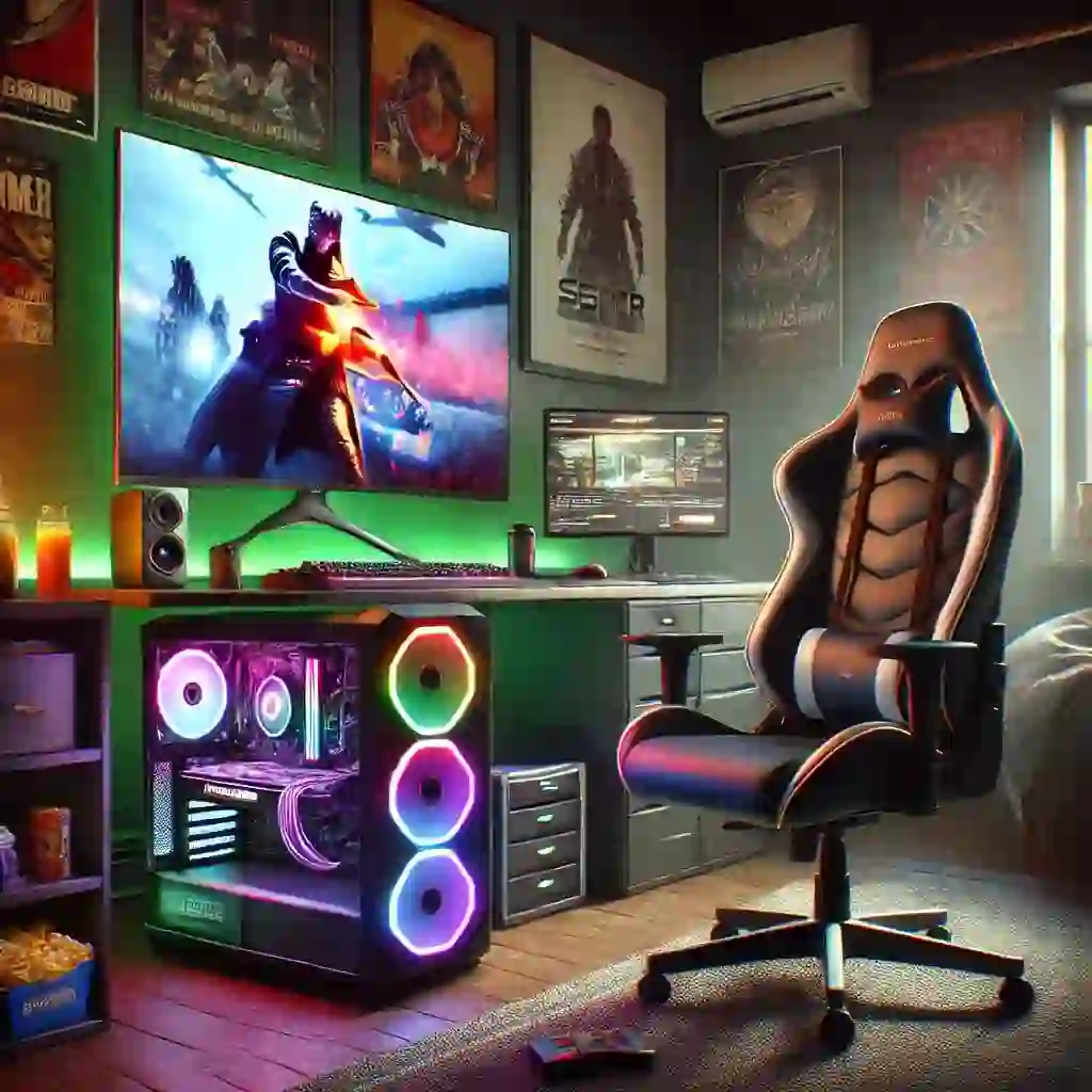 gaming chair, CPU, screen in a gaming design room.