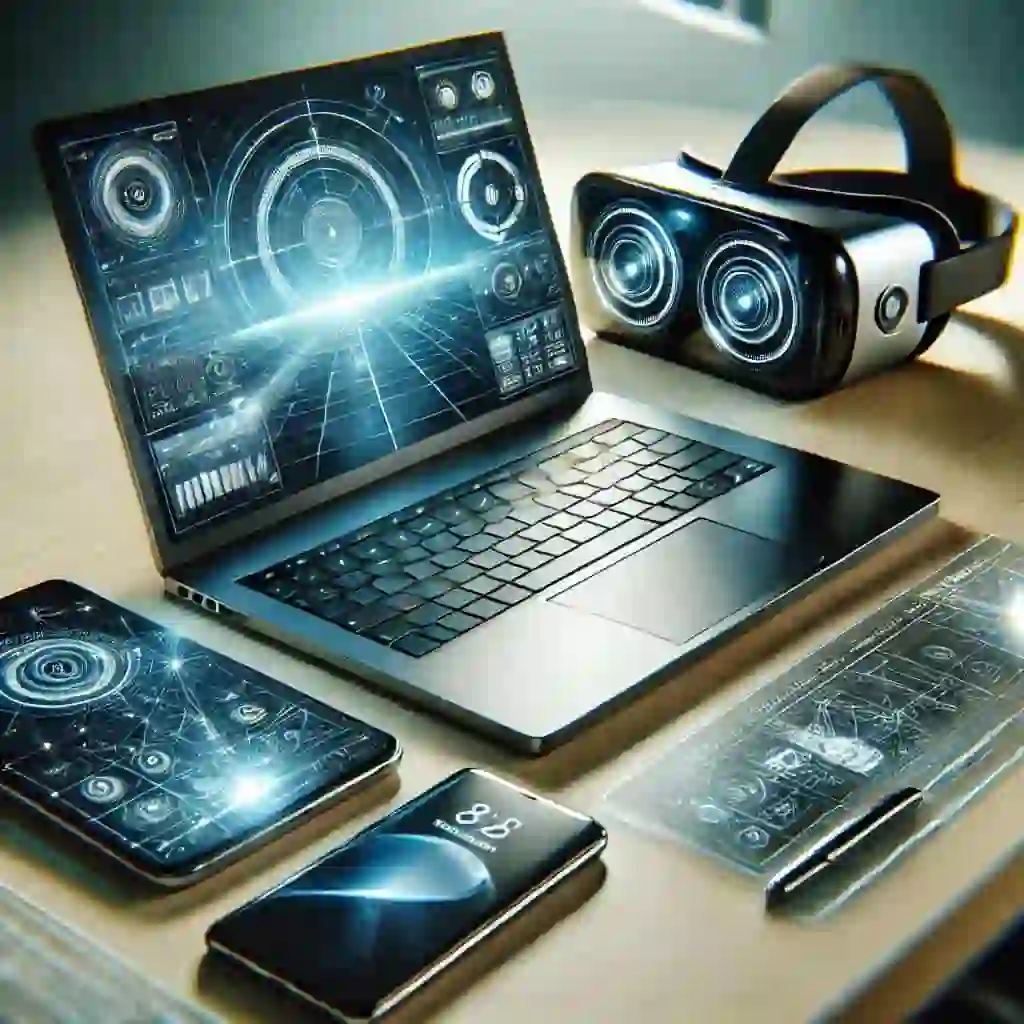 laptop, mobile, VR glasses and many electronic devices on the table.