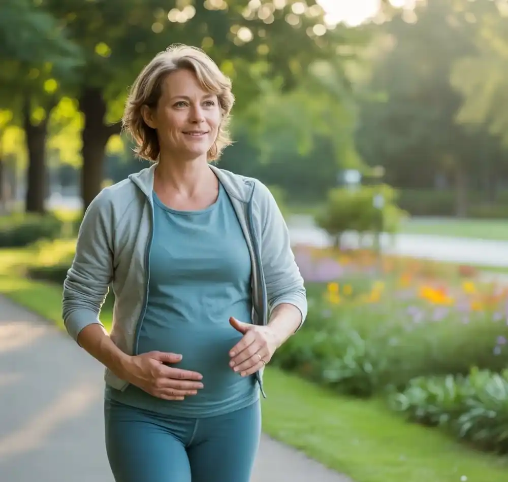 A woman walking in park holding her belly.